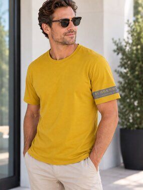 Burberry Established 1856 Reflective Logo Stripe T Shirt Yellow Men's Medium